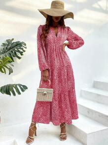 SHEIN LUNE Floral Print Lantern Sleeve Dress With Ruffle Hem And Notched Neckline, Long Sleeve - Hot Pink - View 5