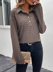 SHEIN Clasi 女士半扣寬鬆t恤,掉肩設計 - 咖啡棕 - 查看 1