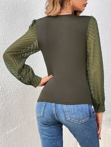 SHEIN Tall V領拼接設計插肩袖襯衫 - 軍綠色 - 查看 2