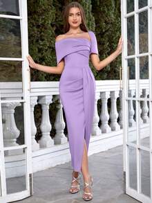 Vestido elegante asimétrico de hombros abiertos con volantes y abertura, verano - Morado - Ver 7