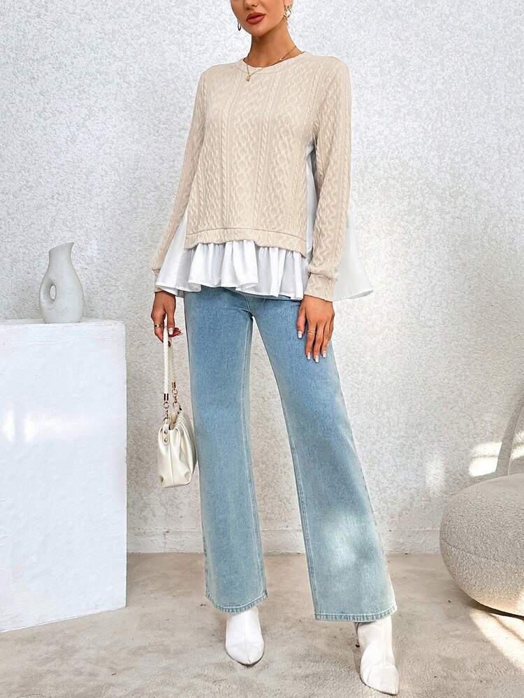 Women's Color Block T-shirt With Ruffled Hem