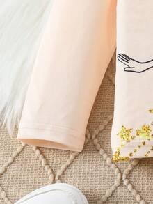 SHEIN Young Girls Cartoon Character & Letter Printed Cap Sleeve T-Shirt With Ruffle Trim & Long Pants Set - Multicolor - View 5