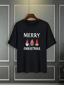 Manfinity Homme Men's Christmas Letter & Cartoon Printed Short Sleeve T-shirt - Black - View 3