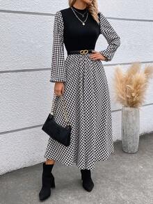 SHEIN LUNE Women's Fashionable Houndstooth Pattern Splice Long Sleeve Dress - Black - View 3