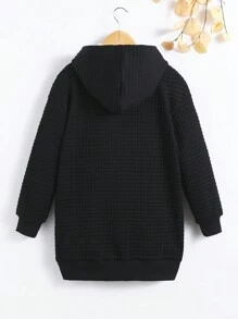 SHEIN Tween 女童休闲针织纯色连帽长款外套秋冬季 - 黑色 - 查看 6