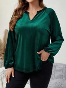 EMERY ROSE Loose Fit Plus Size Sweetheart Collar Long Sleeve T-Shirt - Dark Green - View 1