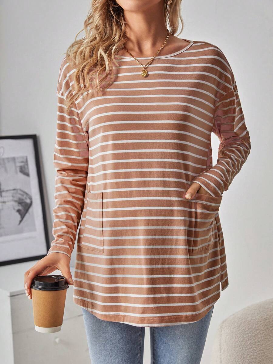 SHEIN Maternity Striped & Printed Double Pocket T-shirt - Pink - View 1