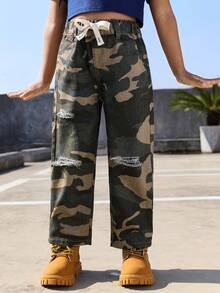 Young Girl Camo Print Ripped Drawstring Waist Straight Leg Jeans - Army Green - View 5