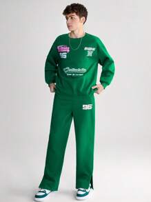 SHEIN Bộ áo nỉ cổ tròn in họa tiết thoải mái cho bé trai tuổi teen và quần len ống đứng xẻ tà, chất liệu nỉ, dày dặn - màu xanh lá - Xem 6