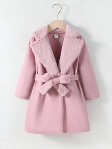 SHEIN 小女孩秋冬毛呢淑女休閒有領大衣 - 粉色 - 查看 3