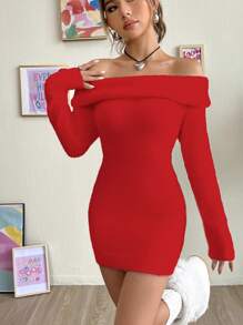 SHEIN Qutie 女式洋裝,露肩長袖修身毛絨毛衣裙 - 紅色 - 查看 3