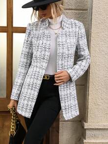 SHEIN Clasi Của phụ nữ Kẻ sọc Len Áo khoác - trắng - Xem 4