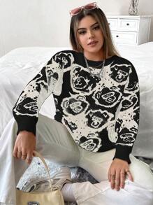 Flirla 女士加大码黑色套头毛衣，卡通熊图案，圆领针织衫，秋冬款 - 黑色 - 查看 6