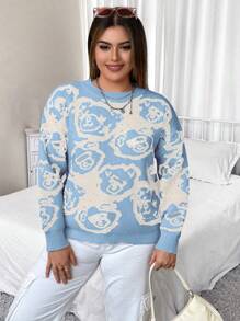 Flirla Women's Round Neck Design Blue Cartoon Bear Print Pullover Sweater