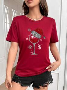 SHEIN EZwear 女士聖誕杯印花t卹 - 紅木色 - 查看 5