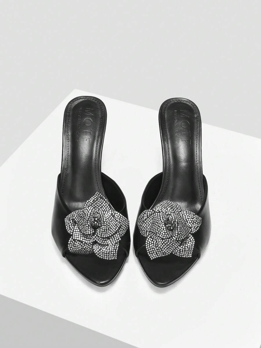 MOTF PREMIUM Fashionable And Gorgeous Rhinestone Flower Decorated Ladies High Heel Sandals - Black - View 1