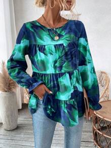 SHEIN VCAY 女款花卉印花荷葉邊下擺襯衫 - 綠色 - 查看 4