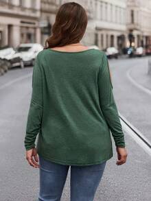 SHEIN LUNE Women's Plus Size Heart Print Hollow Out T-shirt - Green - View 2