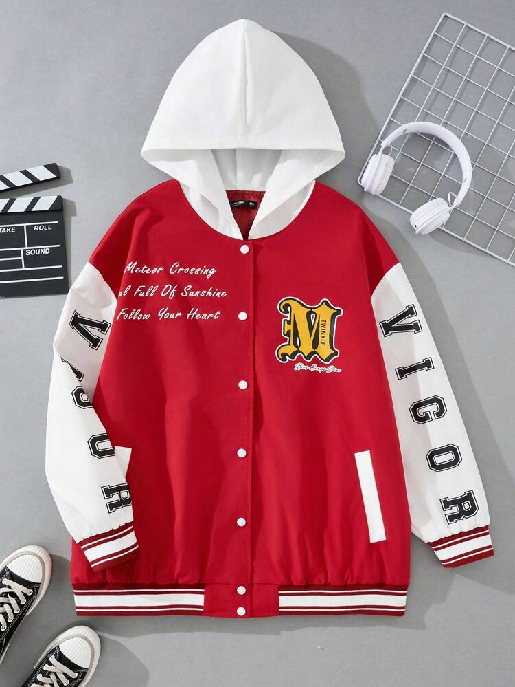 Plus Size Hooded Jacket Featuring Sentence Print And Color Block Design