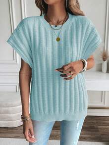 SHEIN LUNE Cap Sleeve Knit Sweater Vest - Blue - View 6