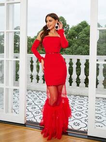 Missord Mesh Mermaid Hem Off Shoulder Sequined Party Dress - Red - View 7