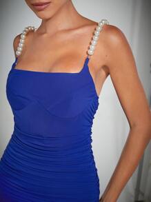 Hauture Vestido ajustado drapeado con tirantes de perlas falsas - Negro - Ver 5