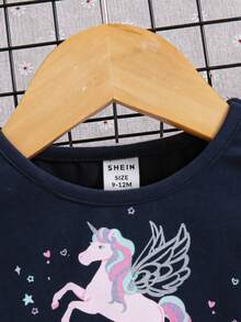 SHEIN 嬰兒女孩可愛的獨角獸圖案網格拼接長袖洋裝 - 藏蓝色 - 查看 6