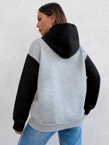 SHEIN Unity Color Block Letter Print Casual Hoodie - Grey - View 2