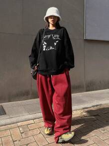 Dazy Star Women's Letter & Star Pattern Drop Shoulder Sweatshirt - Black - View 5