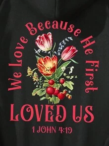 SHEIN EZwear 女花與字母印花黑色連帽長袖休閒運動衫 - 黑色 - 查看 3