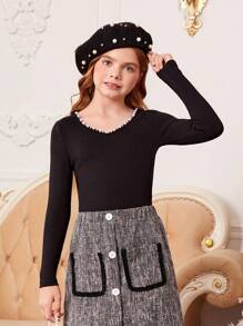 SHEIN Tween Girls' Knitted Beaded Round Neck Elegant T-Shirt