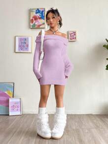 SHEIN MOD 女性露肩長袖修身毛絨毛衣裙 - 紫色 - 查看 4