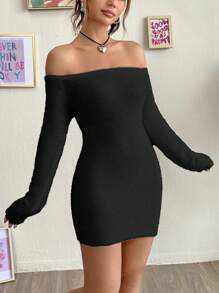 SHEIN MOD Của phụ nữ Off Shoulder Tay áo dài Đầm Áo len - màu đen - Xem 3