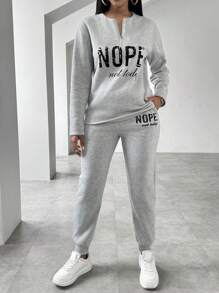 SHEIN Clasi 女式字母印花短開叉領毛衣和運動長褲套裝 - 淺灰色 - 查看 1
