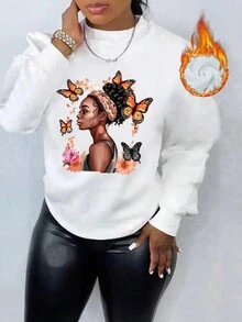 INAWLY Women's Character & Butterfly Printed Fleece Sweatshirt - White - View 1