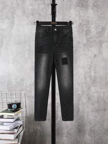 SHEIN Tween Boy Casual Washed Cat Whisker Jeans With Tapered Legs - Black - View 3