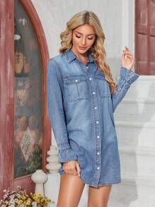 SHEIN LUNE 丹寧布襟口口袋連身裙,不含腰帶 - 中等水洗藍 - 查看 4