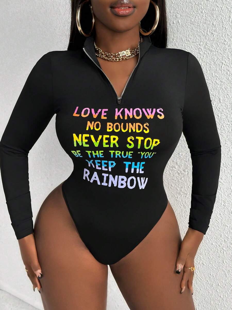 Slaydiva Slogan Printed Bodysuit - Black - View 1