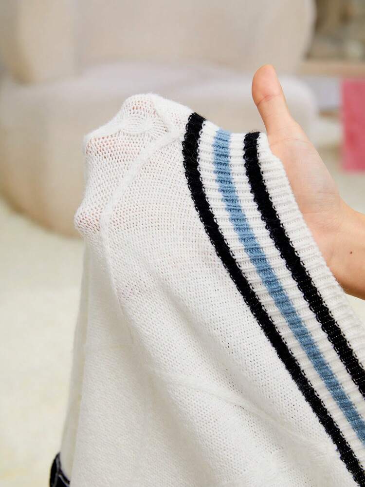 Plus Size Sweater With Letter Pattern, Stripe Detail And Contrast Trim