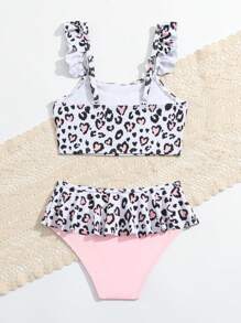 Young Girl Swimwear Set, Heart-Shaped Pink Color, Leopard Print