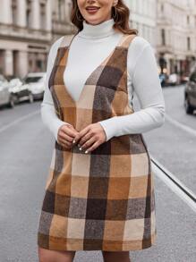 SHEIN LUNE Women's Plus Size Grid Pattern Printed Sleeveless Dress With Suspender T-shirt - Brown - View 4