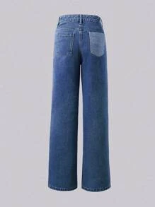 Pantalones Vaqueros De Pierna Ancha Y Parche Azul Para Niñas Adolescentes, Estilo De Moda Urbana Vintage - Azul lavado oscuro - Ver 2