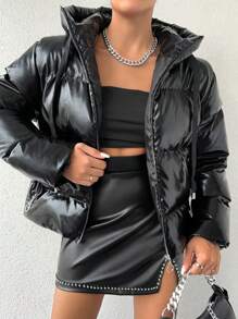 EURMUSE 女款拉鍊連帽襯墊夾克 - 黑色 - 查看 1