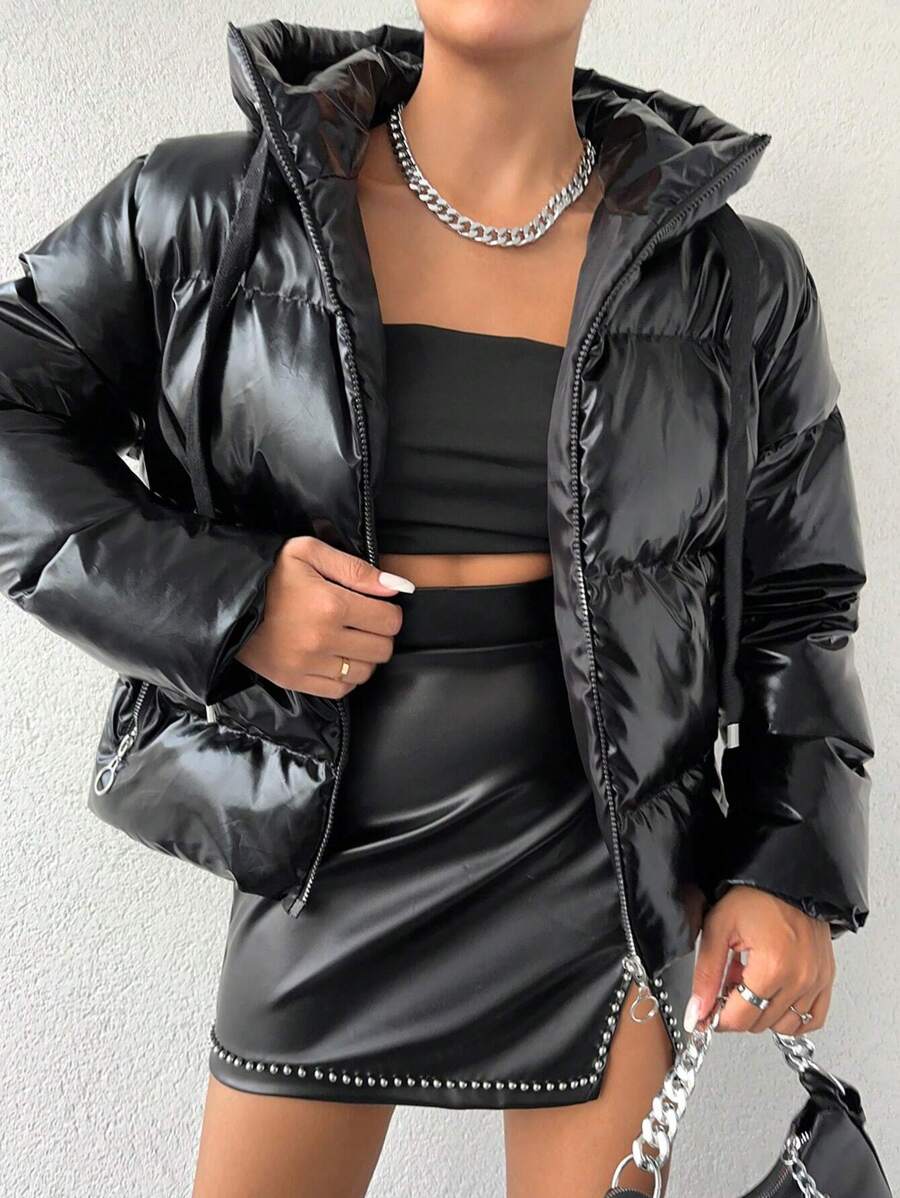 EURMUSE 女款拉鍊連帽襯墊夾克 - 黑色 - 查看 1