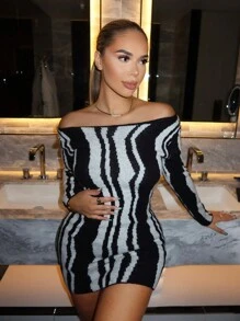 SHEIN SXY 女士條紋修身毛衣連衣裙 - 黑與白 - 查看 4