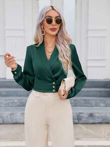 SHEIN Privé Button Detail Short Sleeved Shirt - Dark Green - View 3