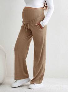 SHEIN Maternity Adjustable Drawstring Waist Pants - Khaki - View 6
