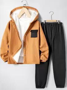 Teen Boy Flap Pocket Teddy Lined Hooded Jacket & Pants Without Tee - Black - View 1