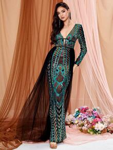 LOVE&LEMONADE Cổ Lao Lưới tương phản Kim sa Ăn mặc trang trọng - màu xanh lá - Xem 3