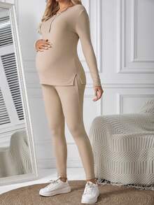 SHEIN Maternity Button Front Split Hem Top And Adjustable Waist Leggings 2pcs/set - Khaki - View 4